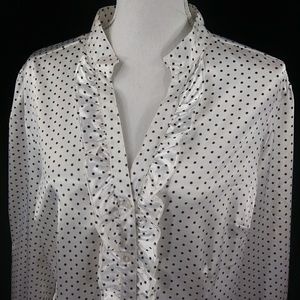 Silky Black & White Polkadot Ruffle Dress Blouse